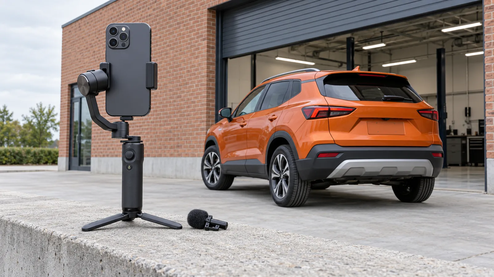 Ein Smartphone steht hochkant in einem Handgimbal auf einem niedrigen Betonsims, daneben liegt ein kleines Ansteckmikrofon. Dahinter steht leicht unscharf ein oranger Kompakt-SUV, schräg von hinten aus niedriger Perspektive aufgenommen, vor dem offenen Rolltor einer Autohaus-Werkstatt aus Backstein bei bewölktem Tageslicht.