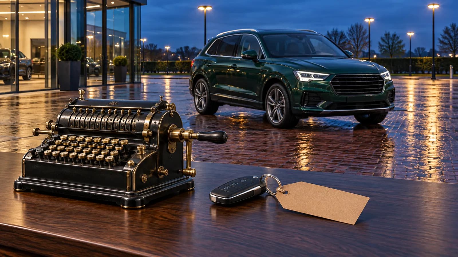 Im Vordergrund steht scharf eine alte Rechenmaschine aus schwarzem Metall und Messing mit seitlicher Kurbel auf einem dunklen Schreibtisch aus Nussbaum. Daneben liegt ein Autoschlüssel, an dem ein leeres braunes Preisschild aus Papier hängt. Dahinter steht leicht unscharf ein dunkelgrüner SUV, schräg von vorne auf Augenhöhe aufgenommen. Er steht allein auf einem regennassen Vorplatz eines Autohauses aus rotem Klinkerpflaster, im blauen Abendlicht unter warm leuchtenden Straßenlaternen.