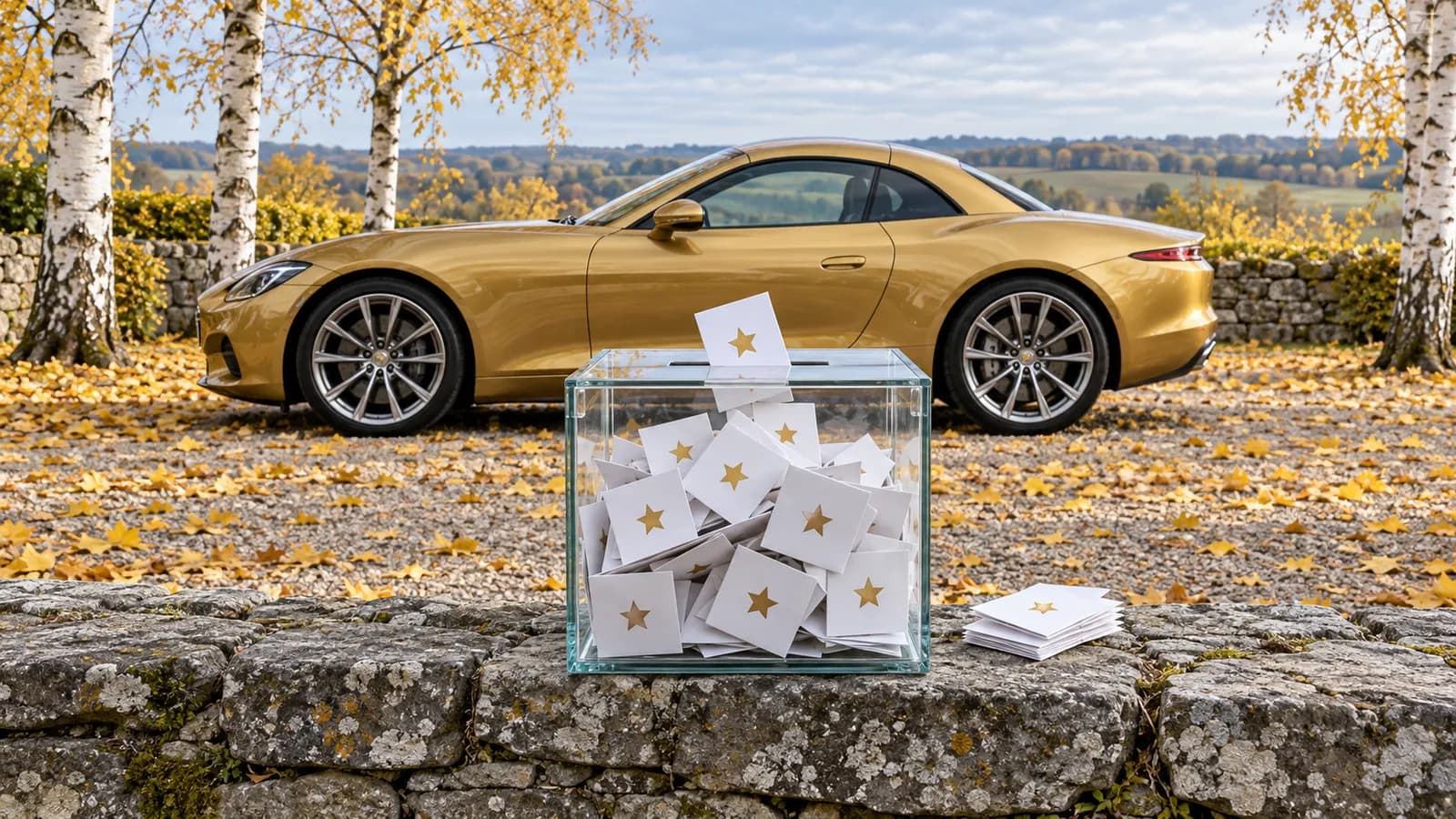 Im Vordergrund steht scharf eine durchsichtige Wahlurne aus Glas auf einer verwitterten Gartenmauer aus Naturstein. Sie ist fast bis oben mit gefalteten weißen Karten gefüllt, auf jeder ist ein einzelner goldener Stern gestempelt, und neben dem Einwurfschlitz liegen weitere Sternkarten. Dahinter steht leicht unscharf ein goldmetallicfarbener Roadster mit geschlossenem Verdeck, genau von der Seite auf Augenhöhe aufgenommen. Er steht allein auf einem mit gelbem Herbstlaub bedeckten Vorplatz eines Autohauses zwischen Birken mit weißer Rinde, bei weichem, bedecktem Herbstlicht.
