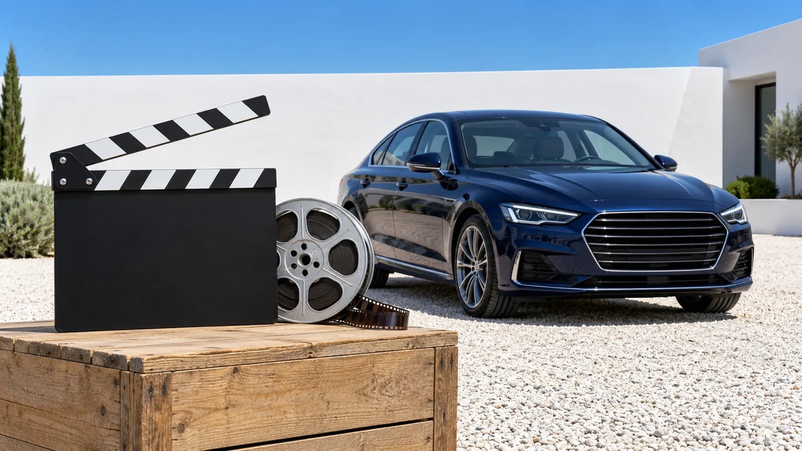 Eine geöffnete, unbeschriftete schwarz-weiße Filmklappe und eine Filmspule aus Metall liegen scharf auf einer Holzkiste im Vordergrund. Dahinter steht eine dunkelblaue Limousine, schräg von vorne auf Augenhöhe aufgenommen, auf einem hellen Kieshof vor der weiß verputzten Wand eines Autohauses bei hellem, gleichmäßigem Tageslicht.