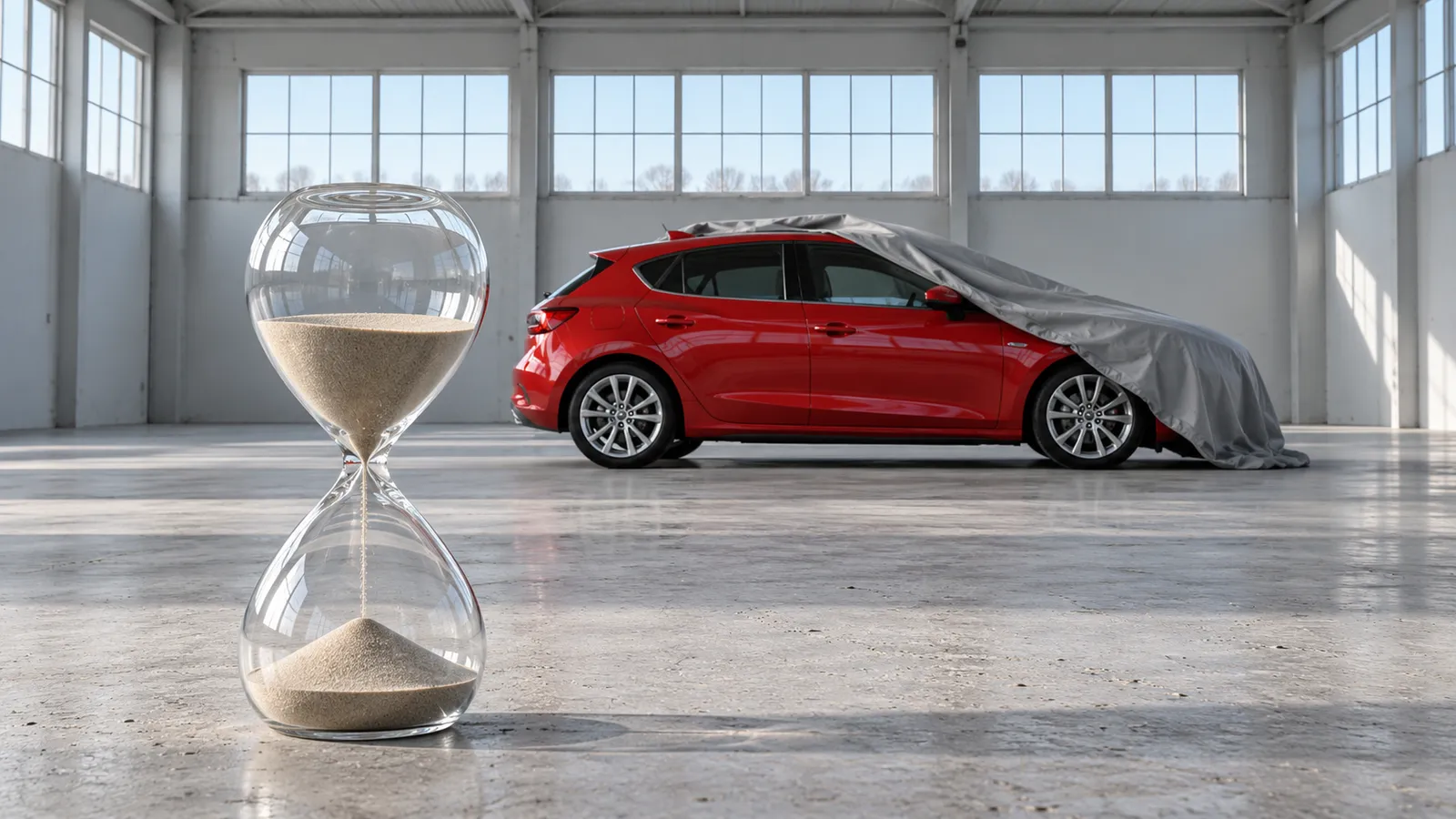 Eine große Sanduhr, durch die Sand rieselt, steht scharf auf einem staubigen Betonboden. Dahinter steht ein roter Kleinwagen, seitlich auf Augenhöhe aufgenommen. Eine graue Staubschutzplane ist halb von Dach und Motorhaube gezogen. Das Auto steht in einer sonst leeren Lagerhalle, in die durch hohe Fenster kühles Tageslicht fällt.