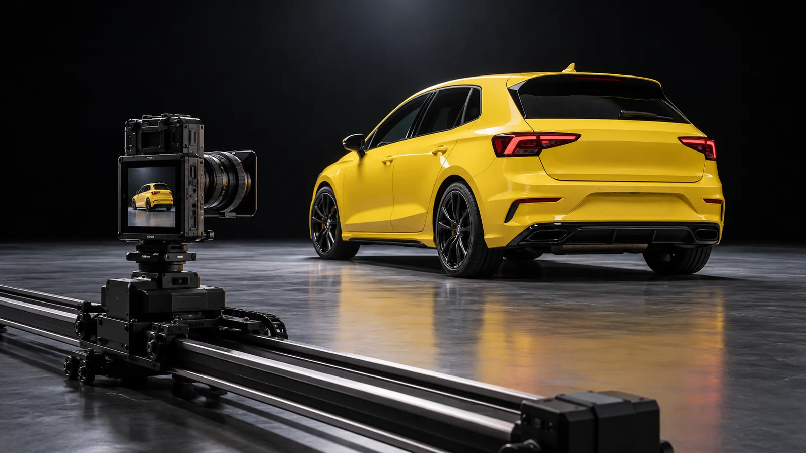 A professional video camera turned sideways for vertical filming, mounted on a slider rail and aimed at a yellow hatchback in a dark studio under one spotlight.