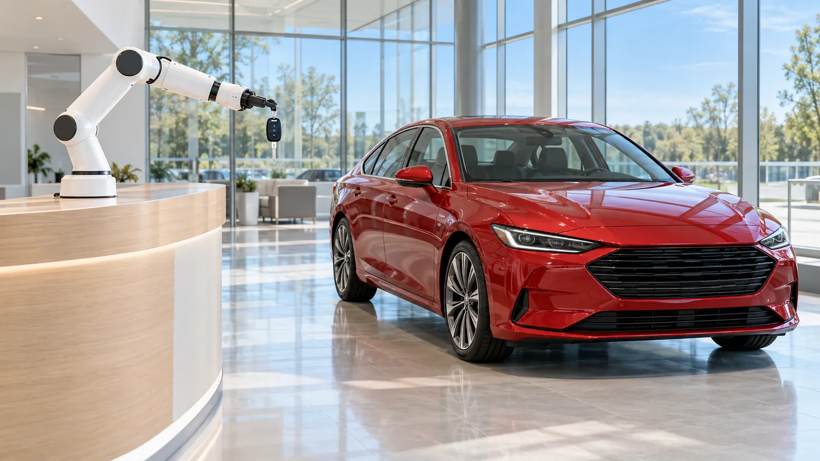 A white robotic arm on a dealership reception counter holds out a car key toward a red sedan parked in a bright reception area with glass walls.
