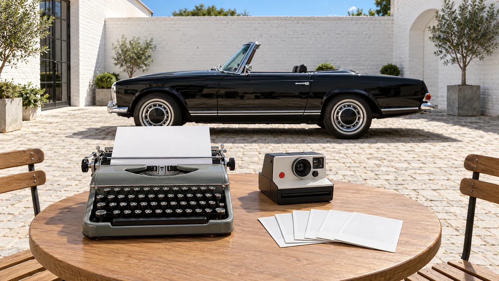 A vintage typewriter with a blank page, an instant camera and several blank square instant prints on a wooden table, with a black convertible parked side-on behind them in a white brick courtyard.
