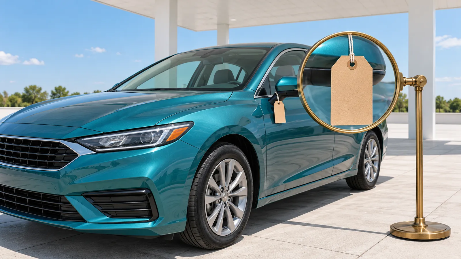 A teal sedan parked by itself under a white canopy at a dealership, with a blank price tag tied to its side mirror and a big brass magnifying glass on a stand held up close to the tag, as if checking the advertised price.