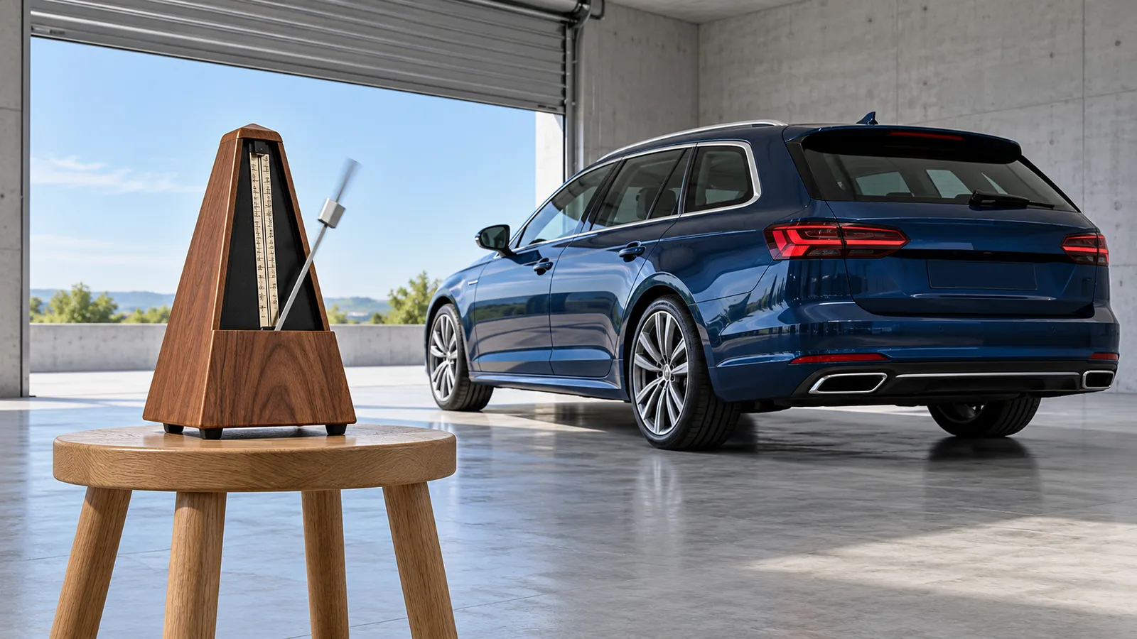 A wooden metronome with its pendulum mid-swing stands on a stool in front of a dark blue estate car, seen from low at the rear corner, inside a tidy concrete dealership garage lit by morning light coming through a half-open roll-up door.