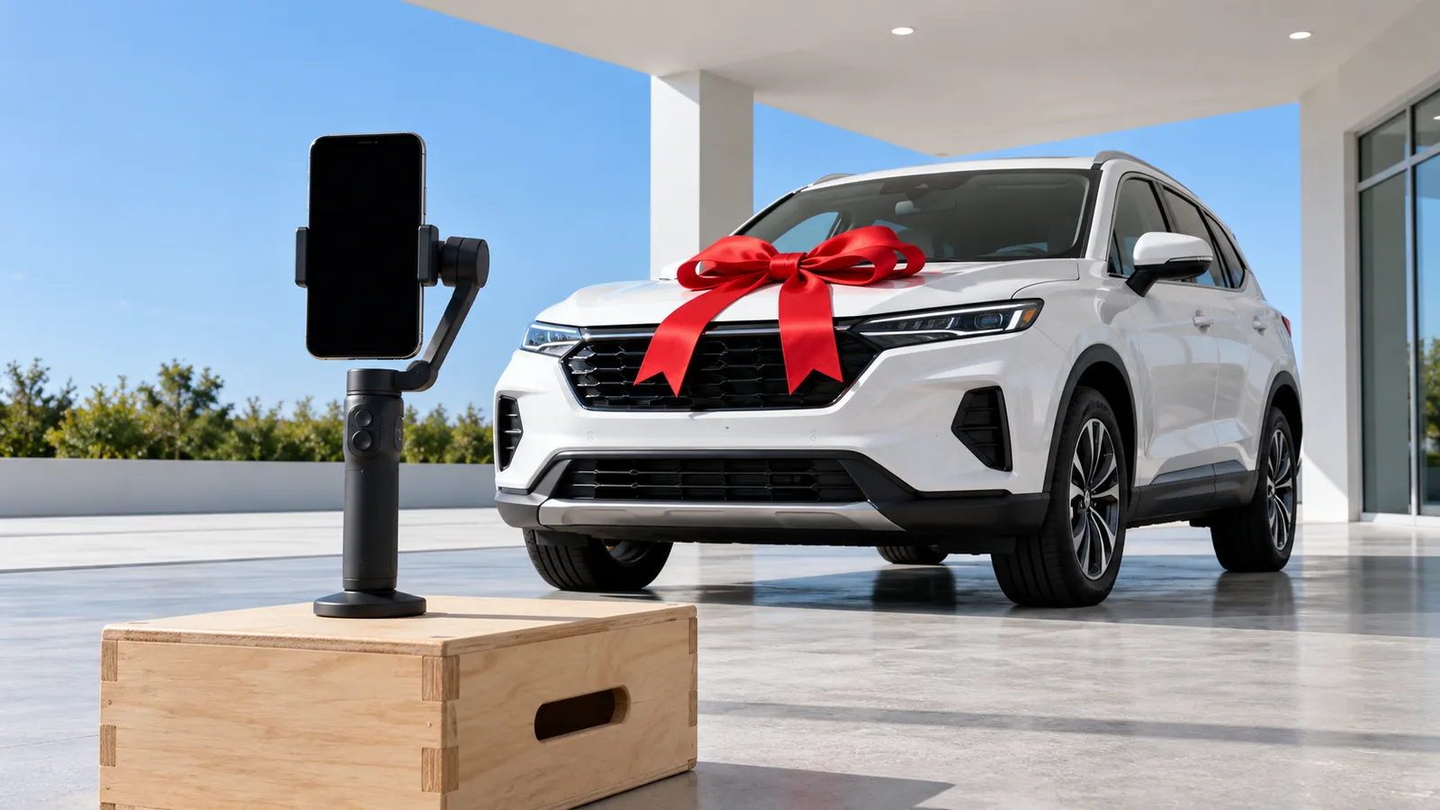 A smartphone set vertically in a handheld gimbal stands on a wooden crate and points at a white SUV with a large red bow on the hood, parked in a sunny, open dealership delivery bay.