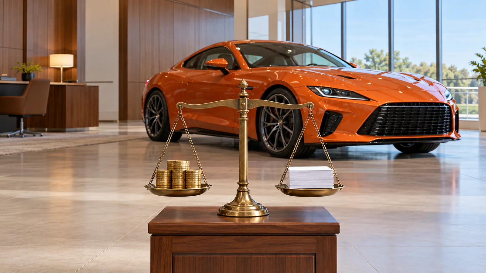 A brass balance scale on a wooden pedestal holds gold coins in one pan and blank lead cards in the other, the two pans level. Behind it, an orange sports coupe is seen from a low front angle in a wood-panelled dealership office.