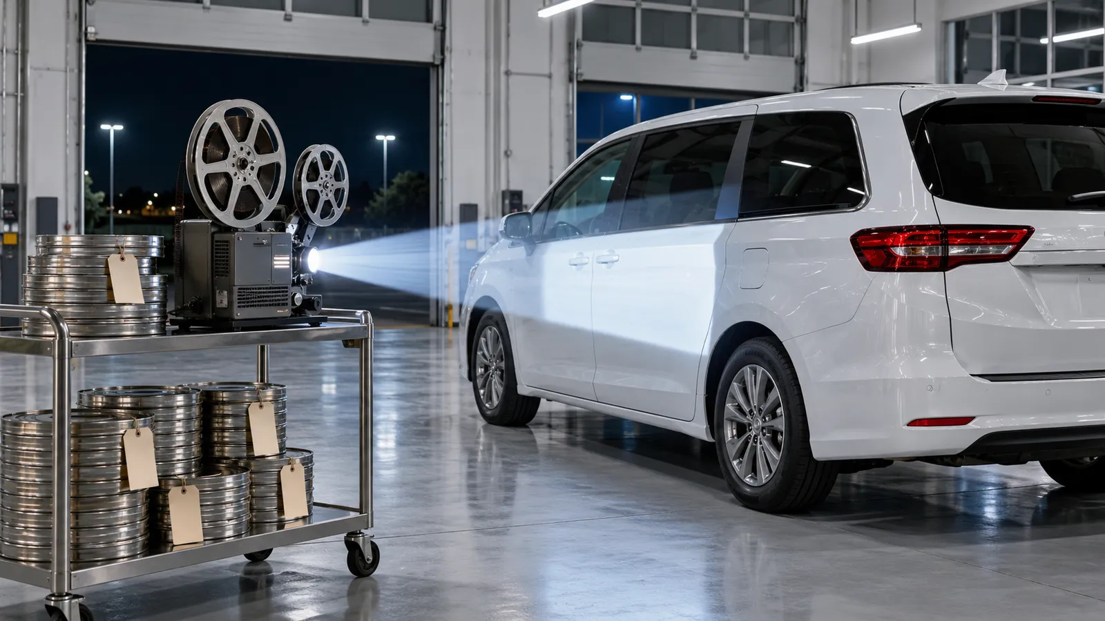 A vintage film projector on a rolling cart shines a beam of light onto the side of a white minivan in a dark dealership service bay. Next to the projector is a tall stack of film canisters with blank tags.