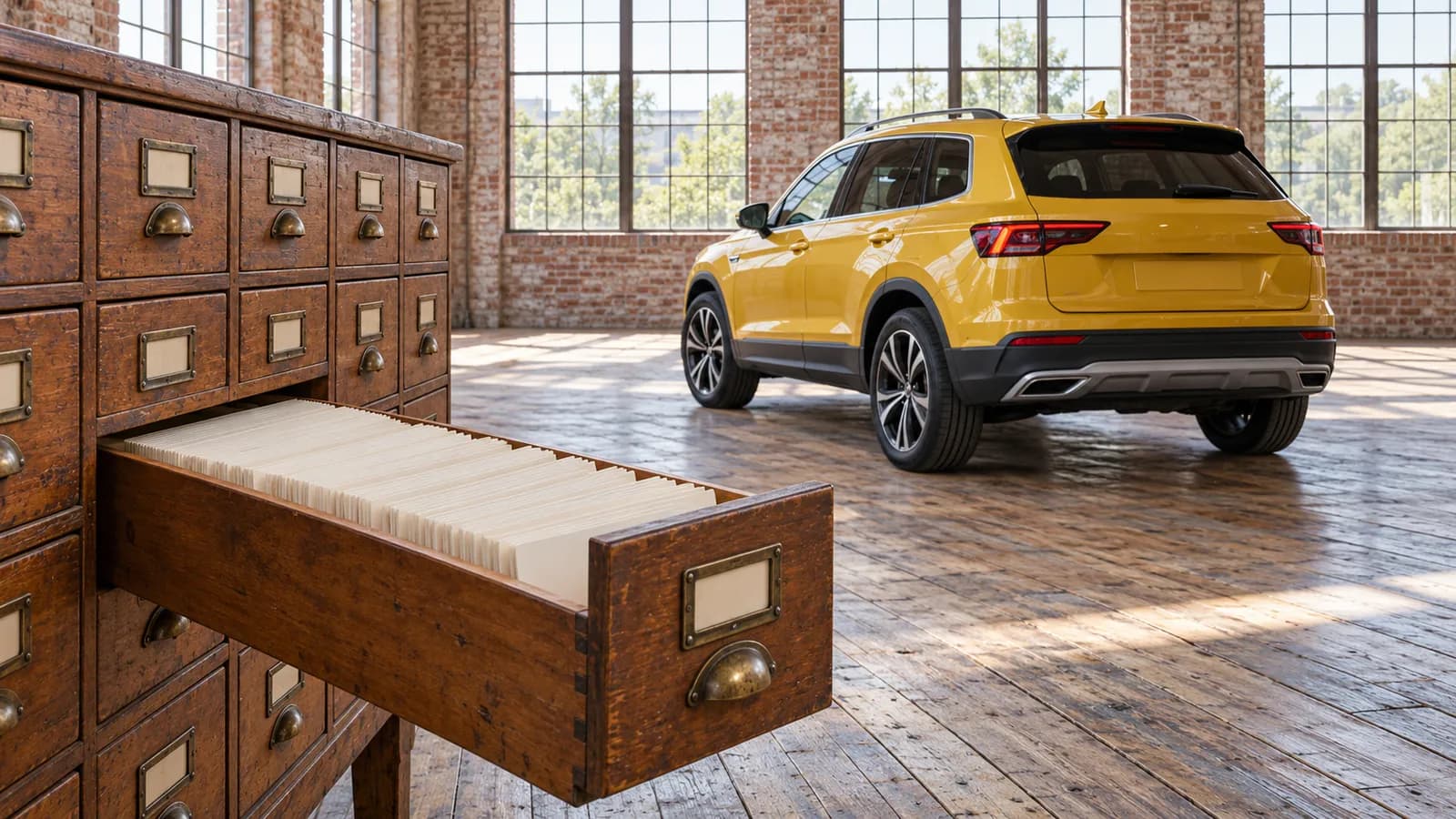 A wooden card-catalogue cabinet with an open drawer full of blank index cards stands in front of a yellow SUV, seen from behind at an angle, inside a bright brick warehouse with tall windows.