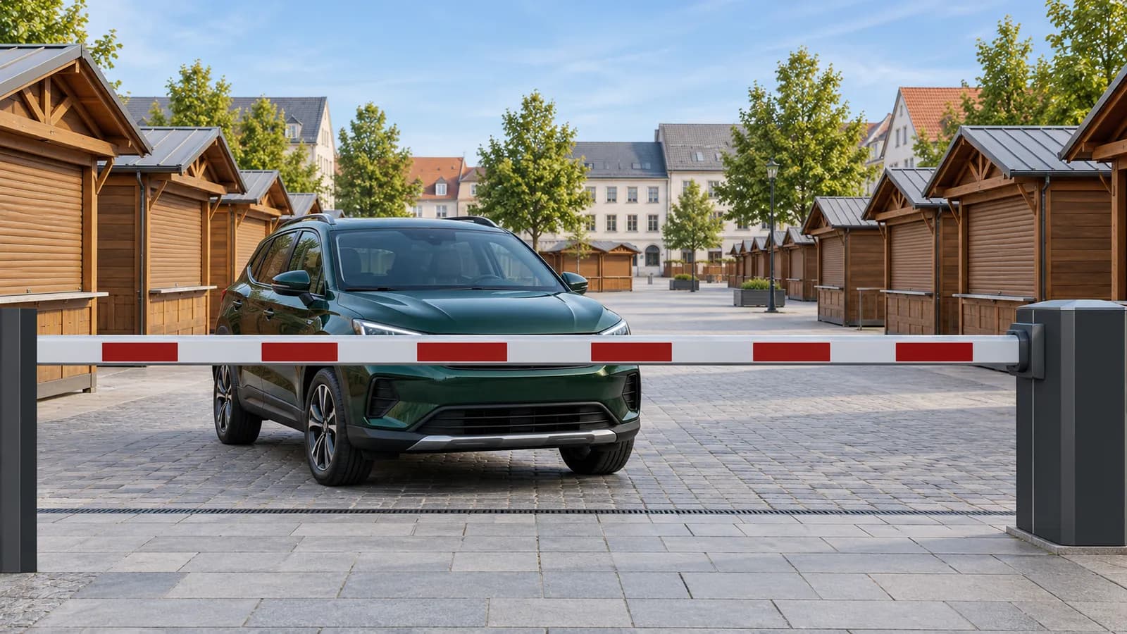A deep green compact SUV waits behind a lowered red-and-white barrier arm at the entrance to an empty outdoor market square with closed wooden stalls, under an overcast sky.