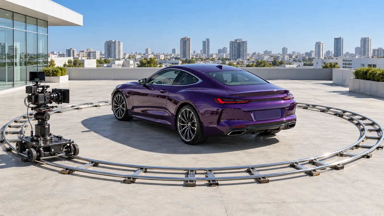 A deep purple coupe parked on a sunny rooftop terrace, ringed by a circular camera track with a video camera on a dolly, ready to film a full walkaround video of the car.