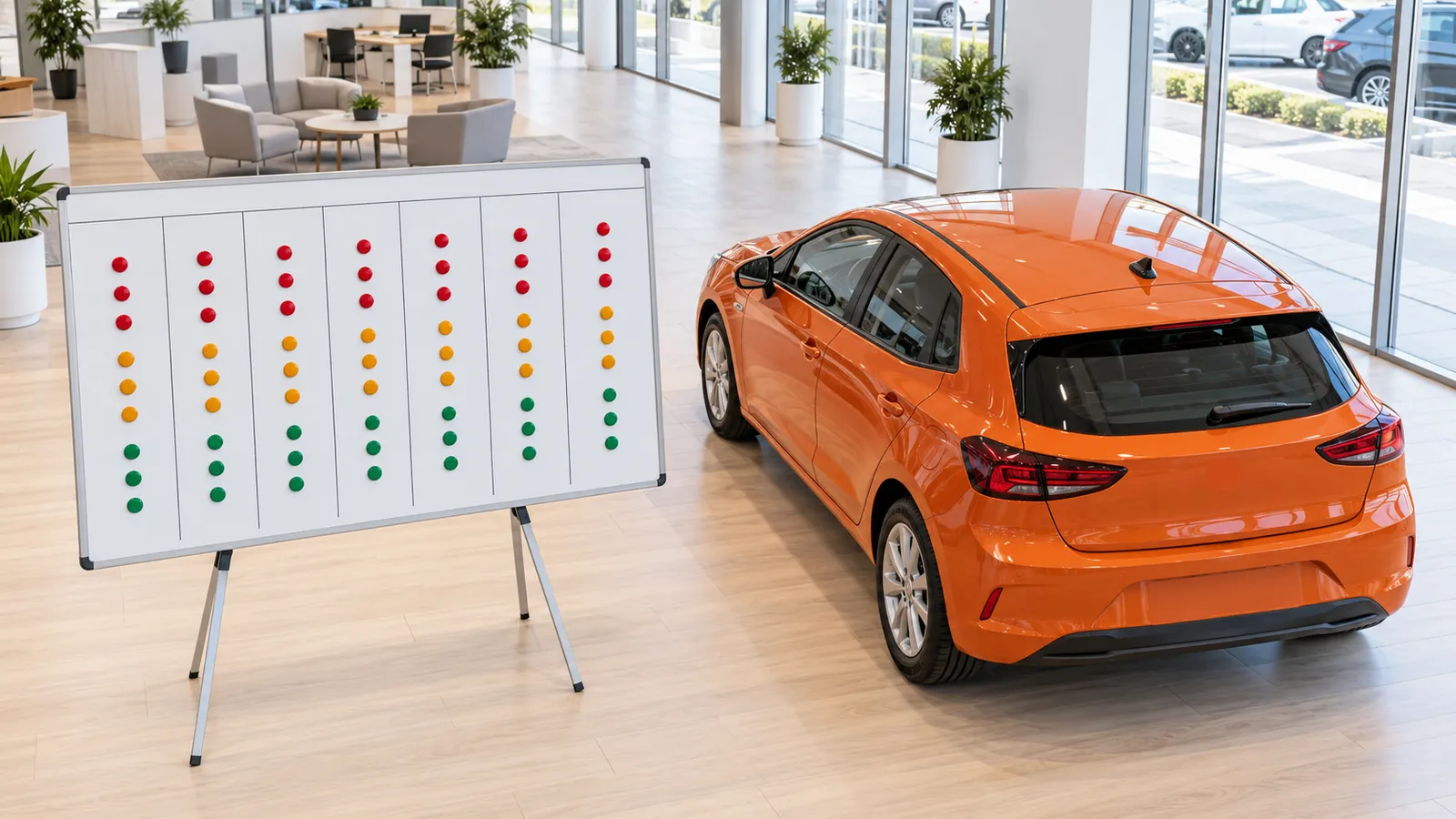 An orange used hatchback, seen from above and behind at an angle, is parked in a bright dealership office next to a whiteboard planner. The planner has seven blank columns with rows of red, amber and green magnets.