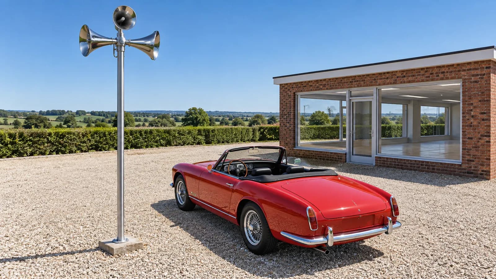 A red convertible with the top down, seen from above and behind at an angle, parked on an empty gravel forecourt next to a tall pole with four chrome loudspeakers pointing in different directions, with a small brick car dealership behind it in bright daylight.