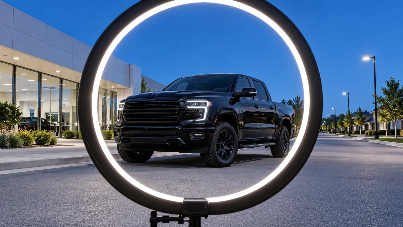A black pickup truck seen through the glowing circle of a large ring light on a stand, parked alone on a quiet local street outside a small car dealership at dusk.
