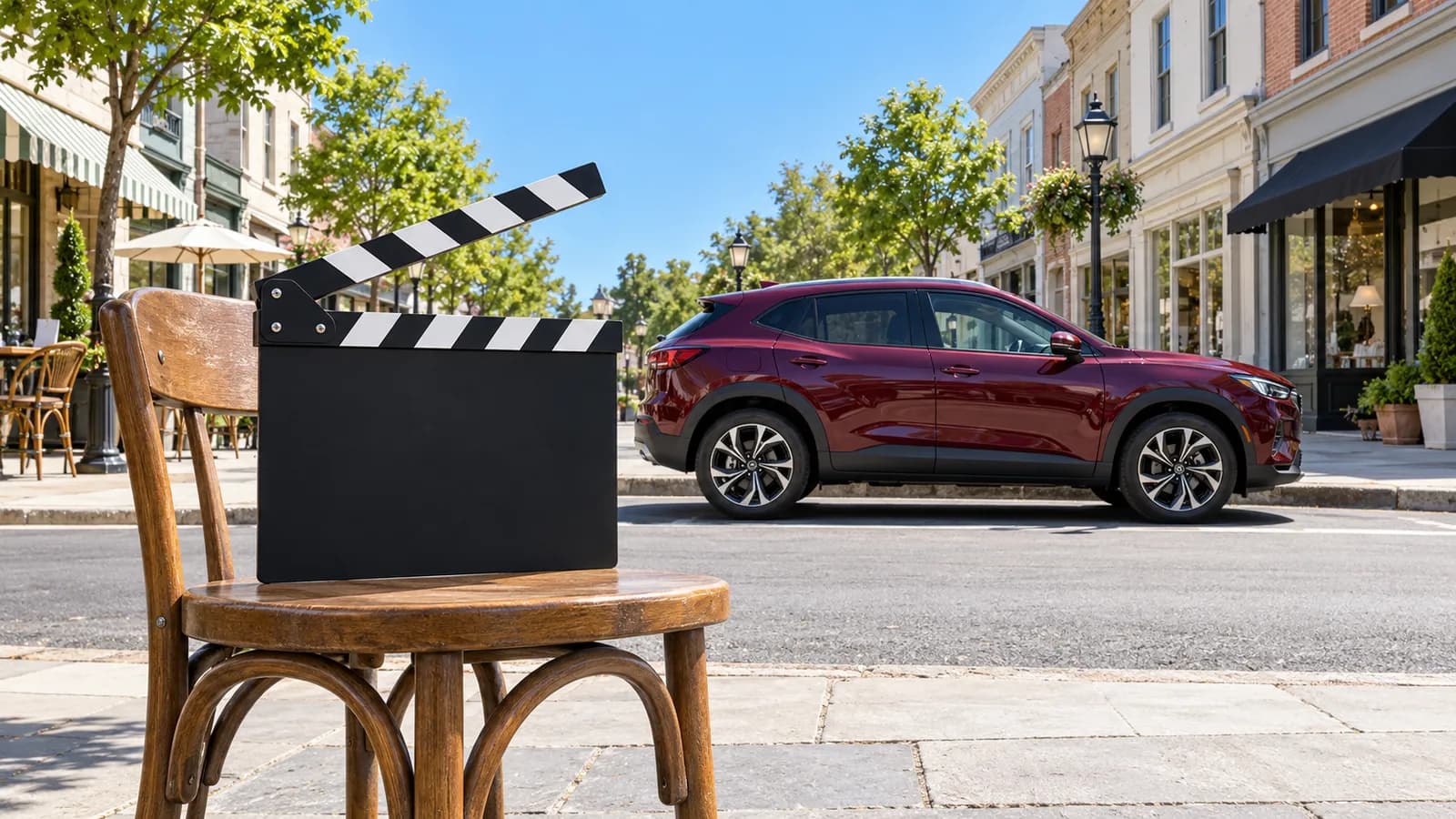 A blank clapperboard propped on a wooden café chair, ready for a short video shoot, with a burgundy compact crossover seen side-on, parked on a quiet small-town main street with cafés and shops in midday sun.