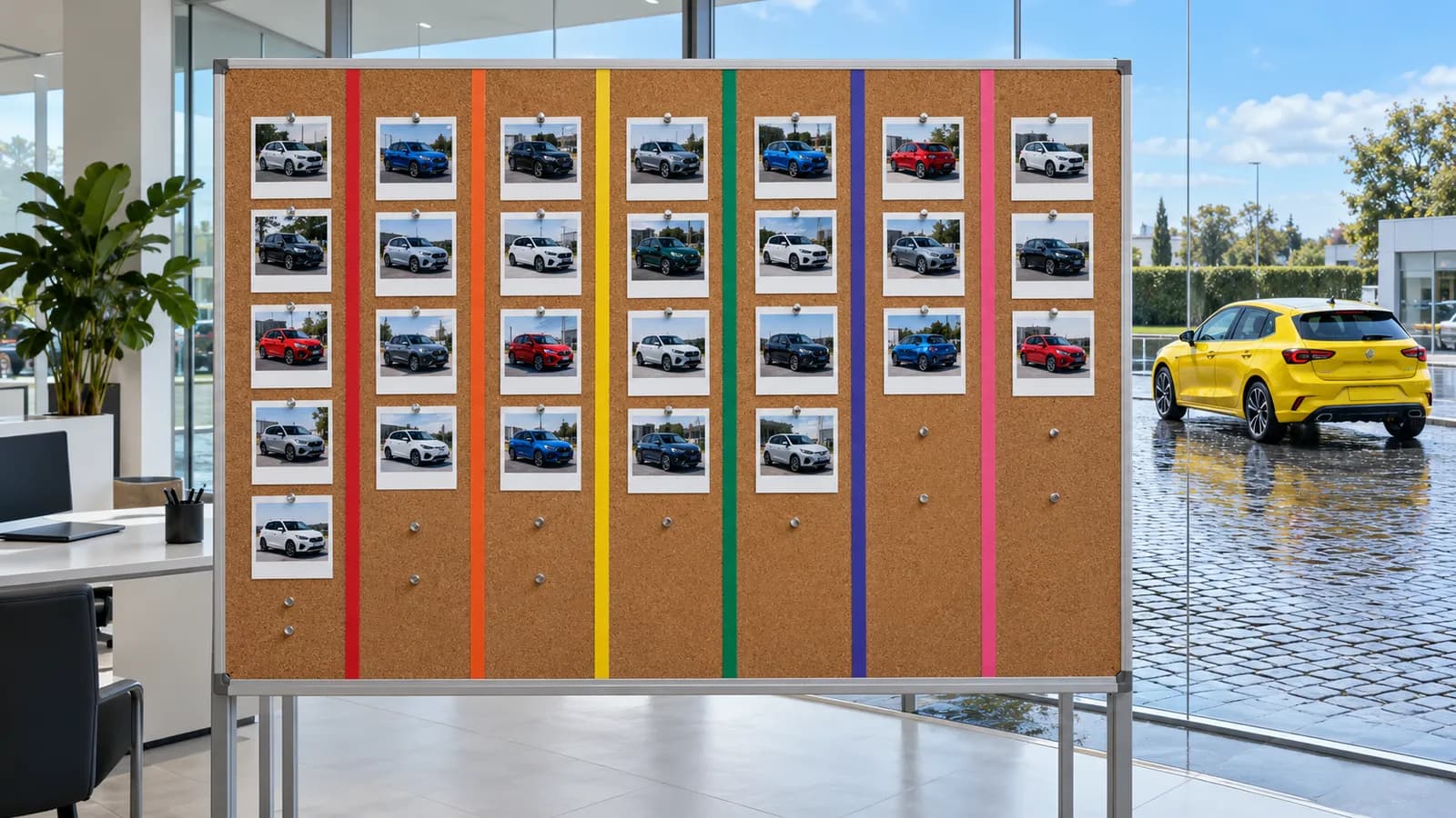 Eine große Pinnwand aus Kork hängt im hellen Verkaufsbüro eines Autohauses. Farbige Klebestreifen teilen sie ohne Beschriftung in sieben Spalten für die Wochentage. In regelmäßigen Abständen sind Sofortbilder von Autos angepinnt, und einige Pinnnadeln sind noch frei. Durch die Glaswand dahinter sieht man einen gelben Kleinwagen auf einem regennassen Hof mit Kopfsteinpflaster, schräg von hinten und leicht von oben aufgenommen.
