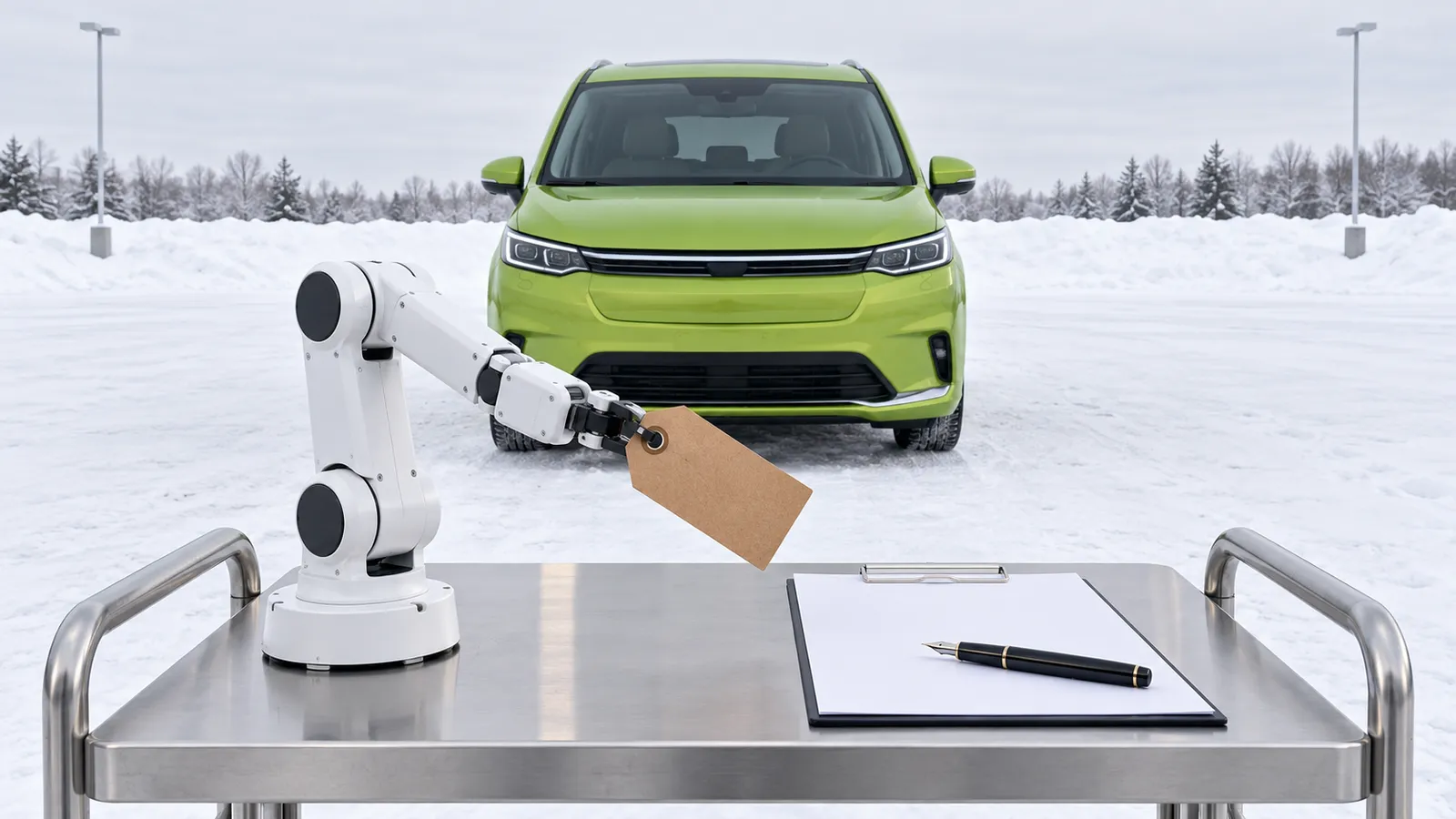 Ein kleiner weißer Roboterarm steht scharf auf einem Rollwagen aus Edelstahl im Vordergrund und hält ein leeres braunes Preisschild aus Papier. Daneben liegt ein unausgefülltes Formular ohne Unterschrift, quer darauf ein schwarzer Füller. Dahinter steht leicht unscharf ein limettengrüner Van, genau von vorne und leicht von oben aufgenommen. Er steht allein auf einem verschneiten Autohaushof unter blassem, bedecktem Winterhimmel.