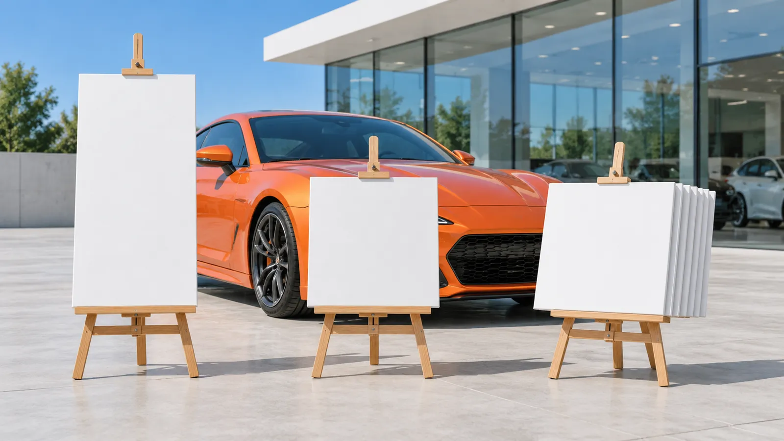 An orange sports coupe, seen from low at the front-left corner, parked on a pale concrete forecourt outside a glass-fronted car dealership on a clear day. In front of it stand three wooden easels with blank canvases: a tall vertical one, a square one, and a fanned stack of square panels.