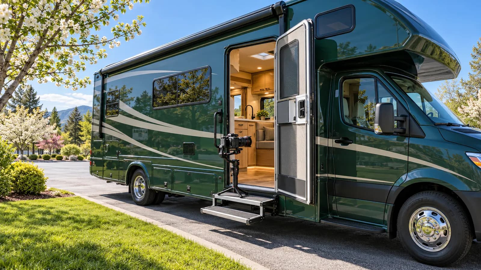 A small video camera on a handheld stabilizer rests on the entry step of a deep green motorhome. The camera points through the open door at the lit interior, as if about to film a walkthrough. The motorhome is parked on grass under spring blossom trees in morning light.